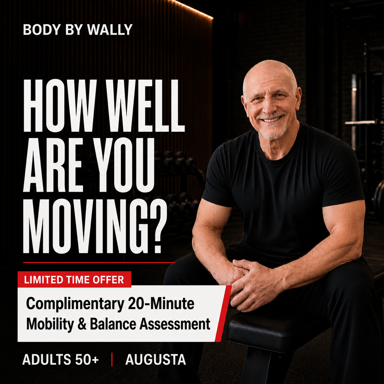 We’ll evaluate your balance, mobility, core stability, and lower-body control so you know what needs attention—before it becomes a problem. No workout. No pressure.
Limited appointments available.
Click pic to Contact Us & schedule yours