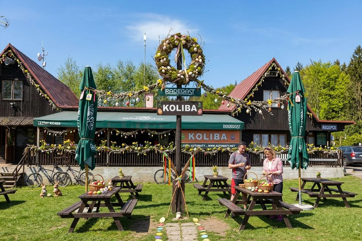 Přejeme Vesel&eacute; Velikonoce. Po v&yacute;služce se stavte na pivo či j&iacute;dlo, budeme r&aacute;di 🍻....foto je AI 🙂 otevřeno od 08-15