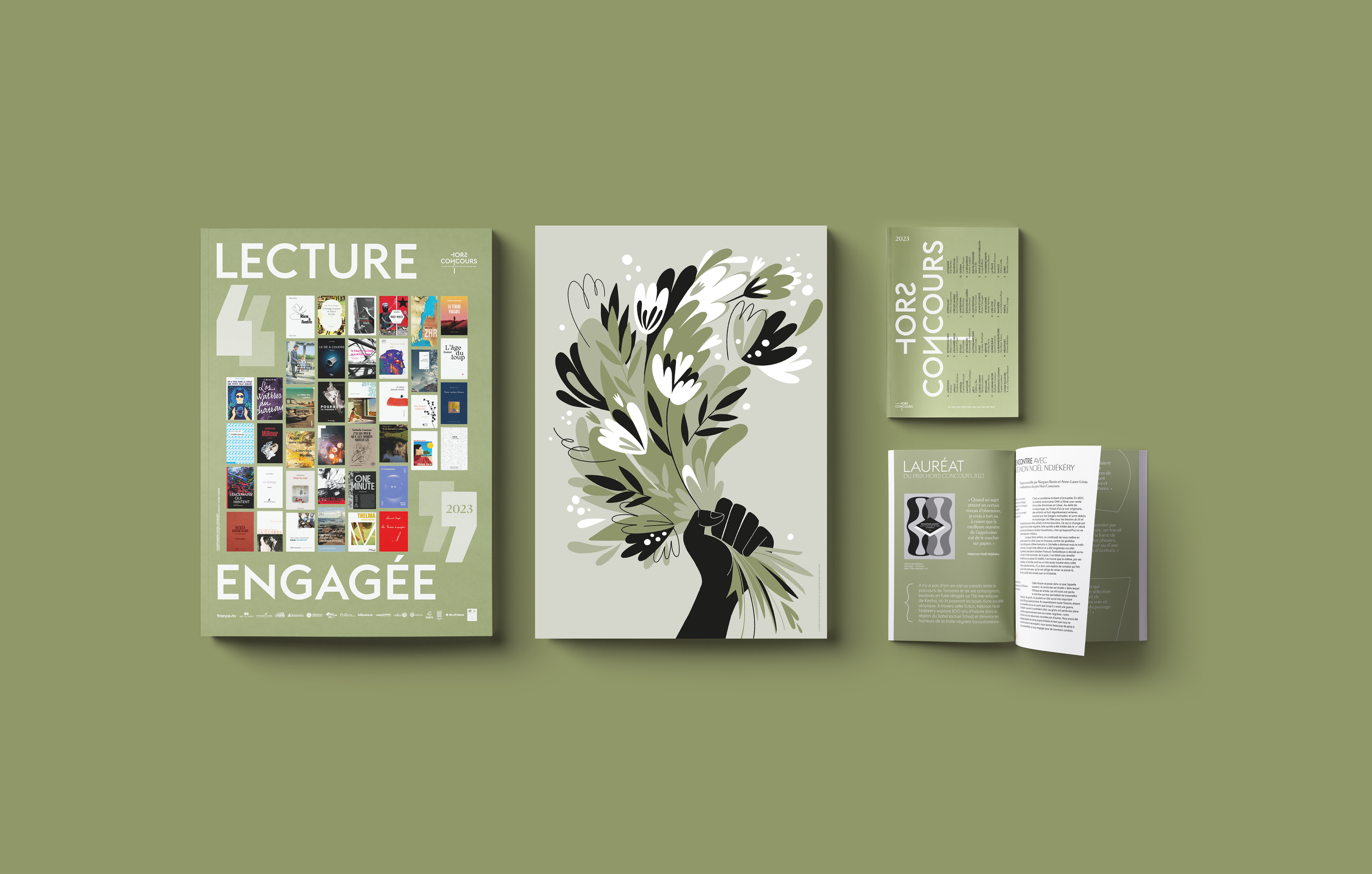 Collection de brochures et magazines sur un fond vert Olive, comprenant un grand poster, un brochure, un programme, et un magazine ouverts, tous avec des designs modernes en tons verts, noir et blanc.