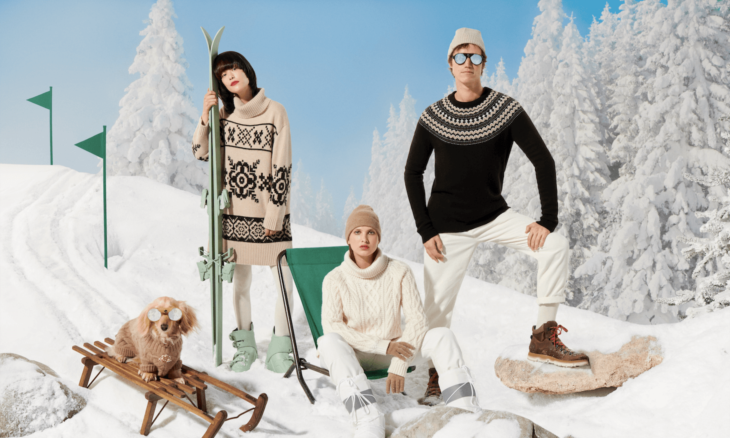 Groupe de trois personnes et un chien en tenues d'hiver dans un paysage enneigé avec arbres et drapeaux