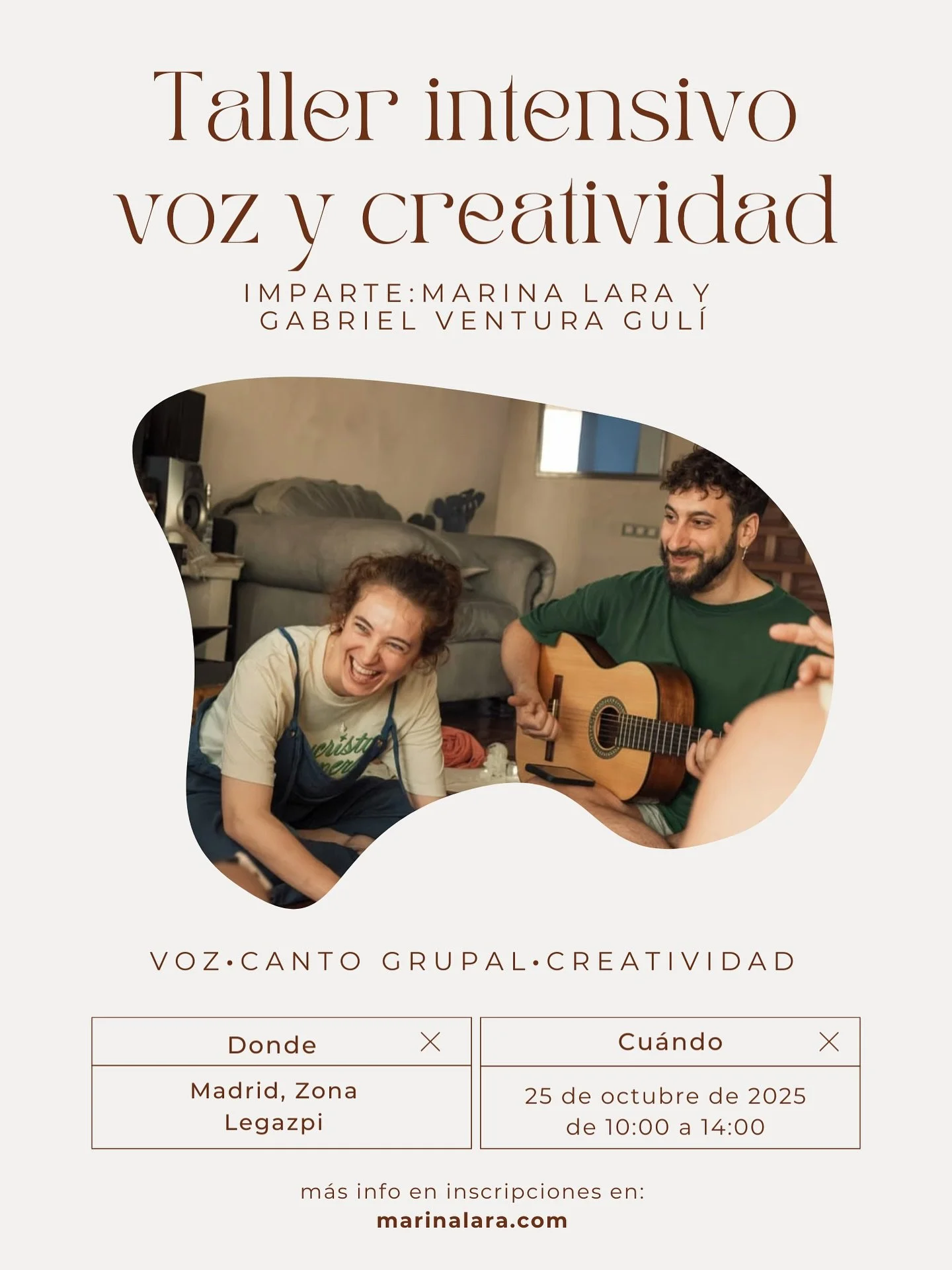Taller intensivo Voz y Creatividad en Madrid 🎨🐚

Cantar es otra forma de crear, y eso es lo que venimos a compartirte 🙌

Estamos muy felices de anunciar este taller que hemos elaborado juntos: @gabrielventuraguli y yo con mucho cari&ntilde;o, unie