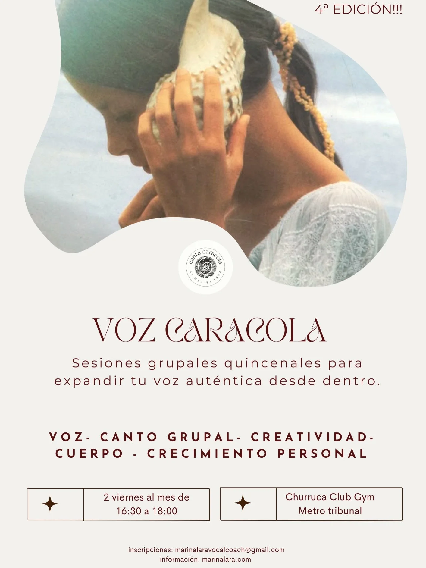 4&ordf; Entrega del ciclo de sesiones grupales #vozcaracola🐚 !!!!

 Un espacio de intimidad, conexi&oacute;n y cercan&iacute;a donde poder explorar con tu voz y todo tu cuerpo sin juicios y 
de forma amable y sostenible.

&iquest;Te imaginas c&oacut