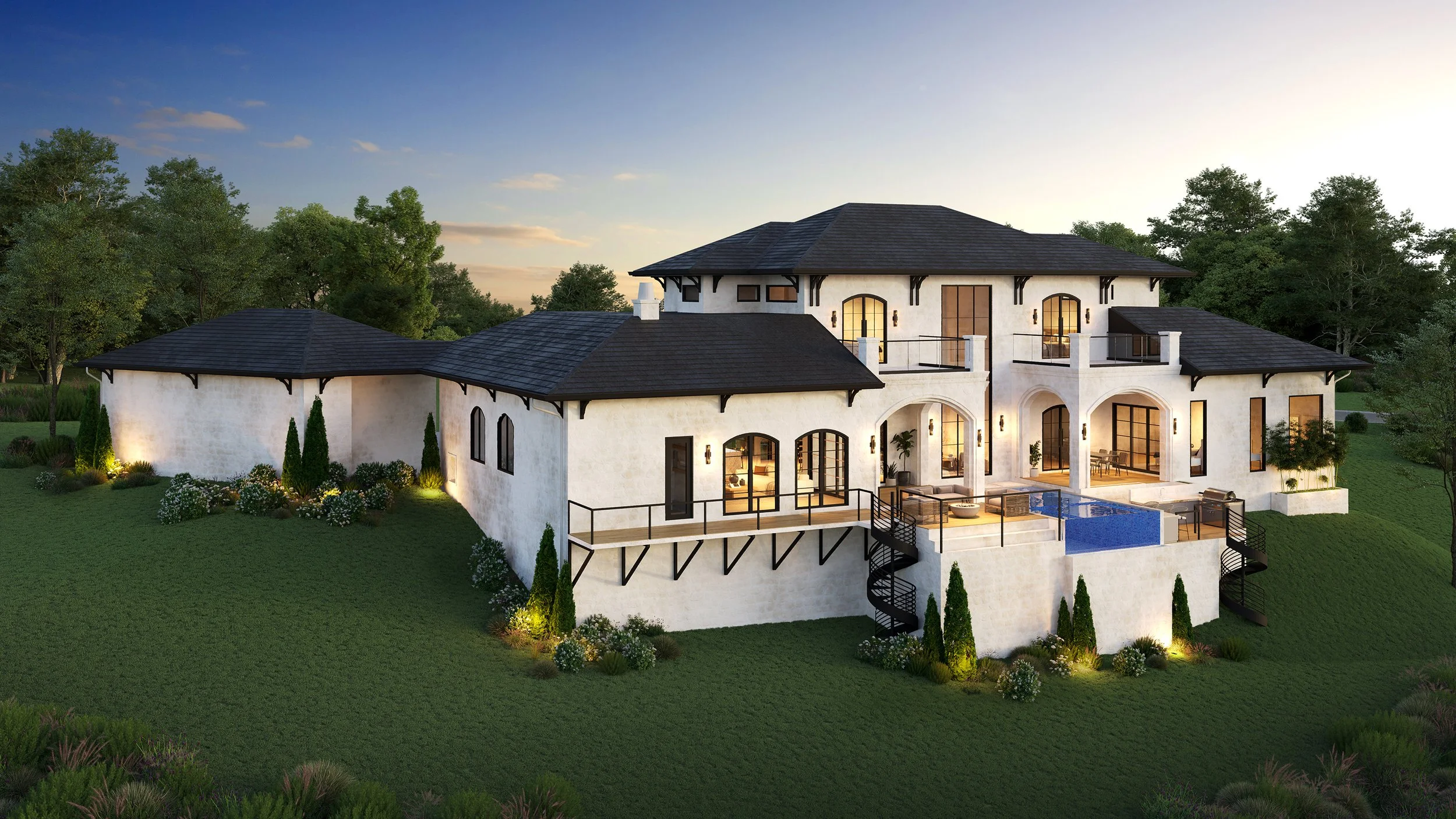 The rear exterior of the Voss Residence, showcasing a multi-level architectural design built into a slope. The visualization features an infinity-edge pool, private balconies with glass railings, and a striking black spiral staircase connecting the o