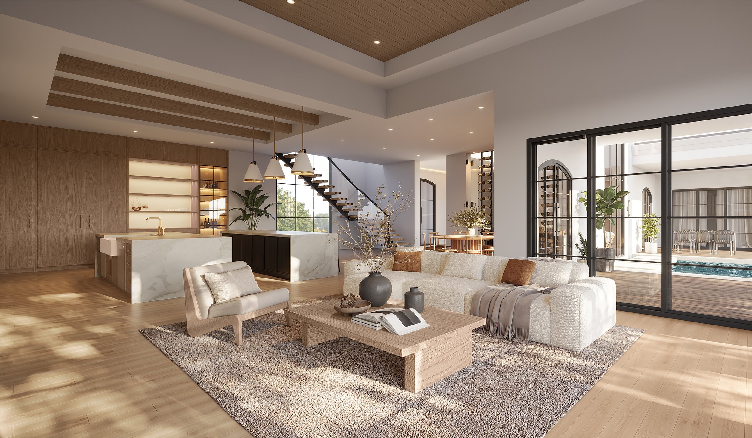 A luxury open-concept living room visualization of the Voss Residence. The space features a contemporary white boucle sectional, a wooden tray ceiling with exposed beams, and a neutral color palette that flows into a marble-clad kitchen.

Architectur