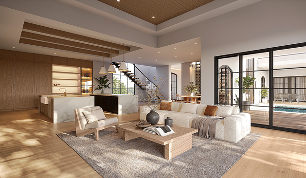 Custom-home floor plan showing the relationship between the kitchen, main living area, covered terrace, and pool.