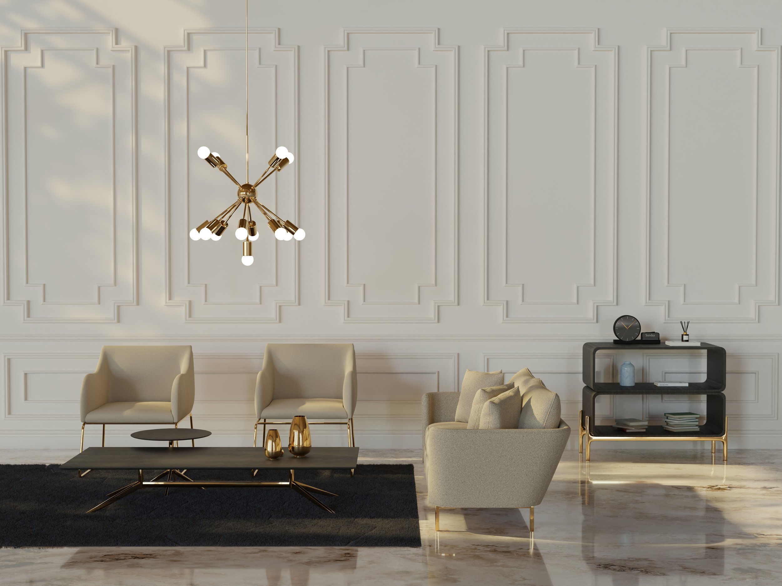 3d room interior with classic design furniture