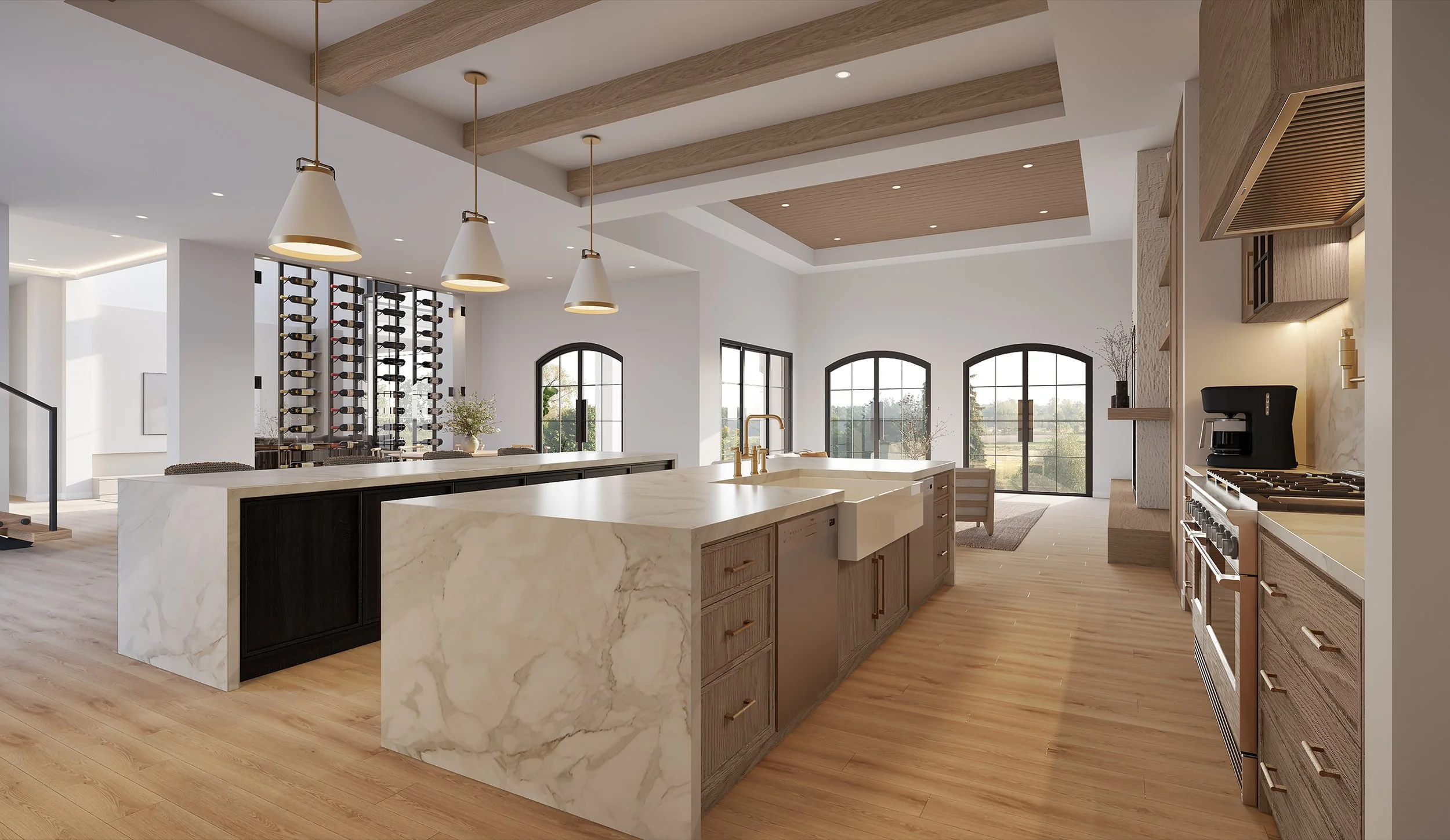 A side-angle interior render of the Voss Residence kitchen, highlighting a functional island with a farmhouse sink and integrated storage. In the background, a sophisticated floor-to-ceiling glass-enclosed wine cellar adds a touch of high-end utility