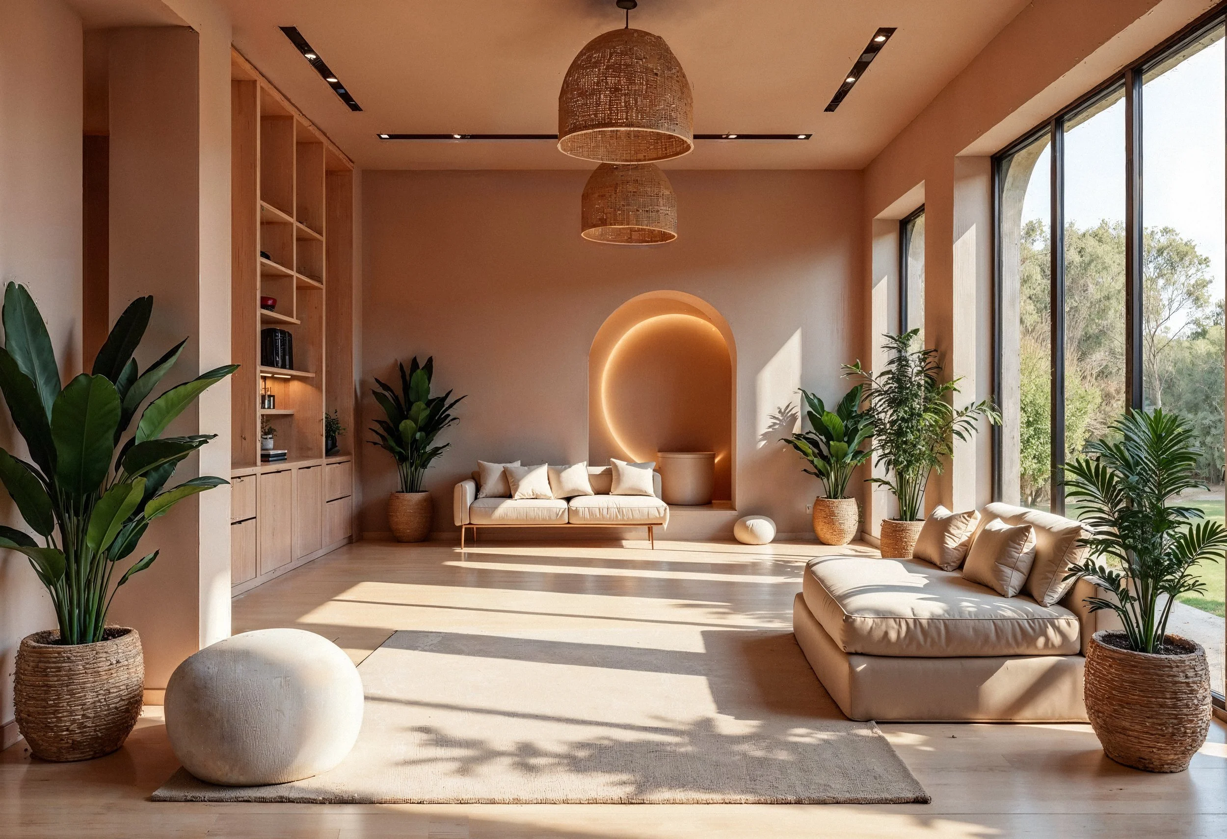 Minimalist living room with large windows, beige sofas, potted plants, wooden shelving, and natural light.