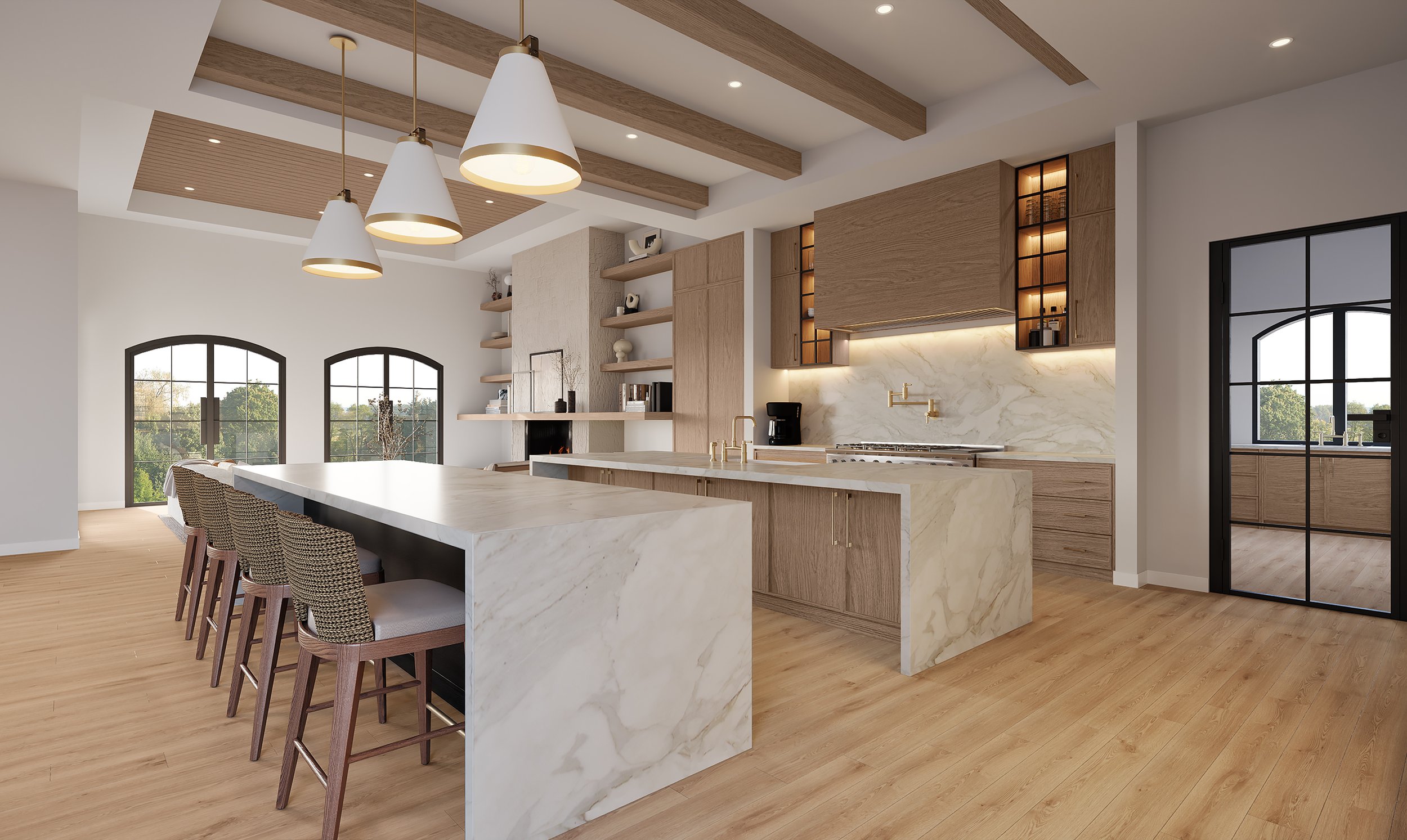 Contemporary luxury kitchen design for the Voss Residence, showcasing dual waterfall marble islands and custom light wood cabinetry. Arched black-framed windows provide ample natural light, complementing the elegant white pendant fixtures.

Architect
