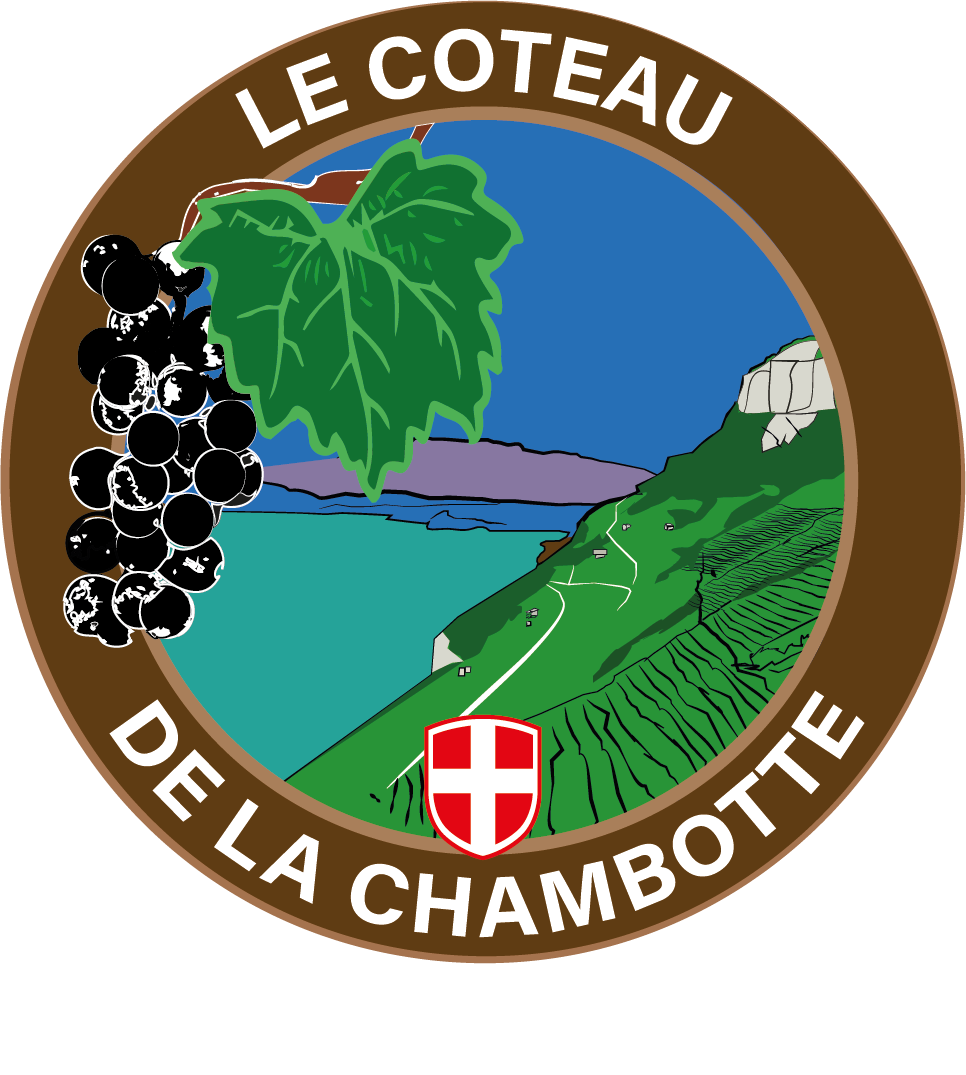 Logo de Le Coteau de la Chamboîte, avec une vigne, un paysage de rivière, de montagne, une vigne et le symbole d'une croix blanche sur un fond rouge.
