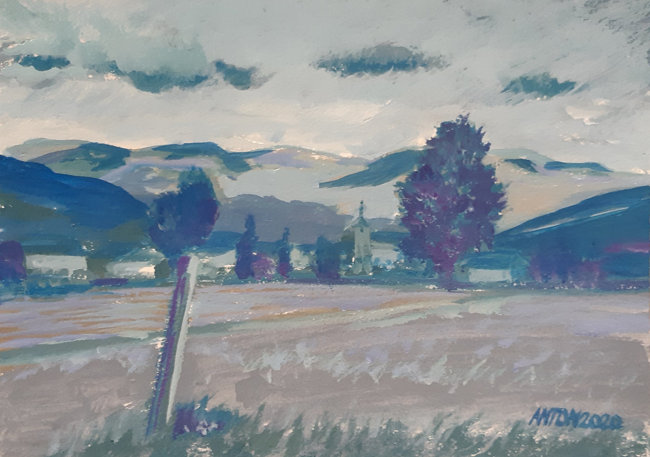 Peinture représentant un paysage rural avec des collines, des arbres, une église avec une tour, sous un ciel nuageux.
