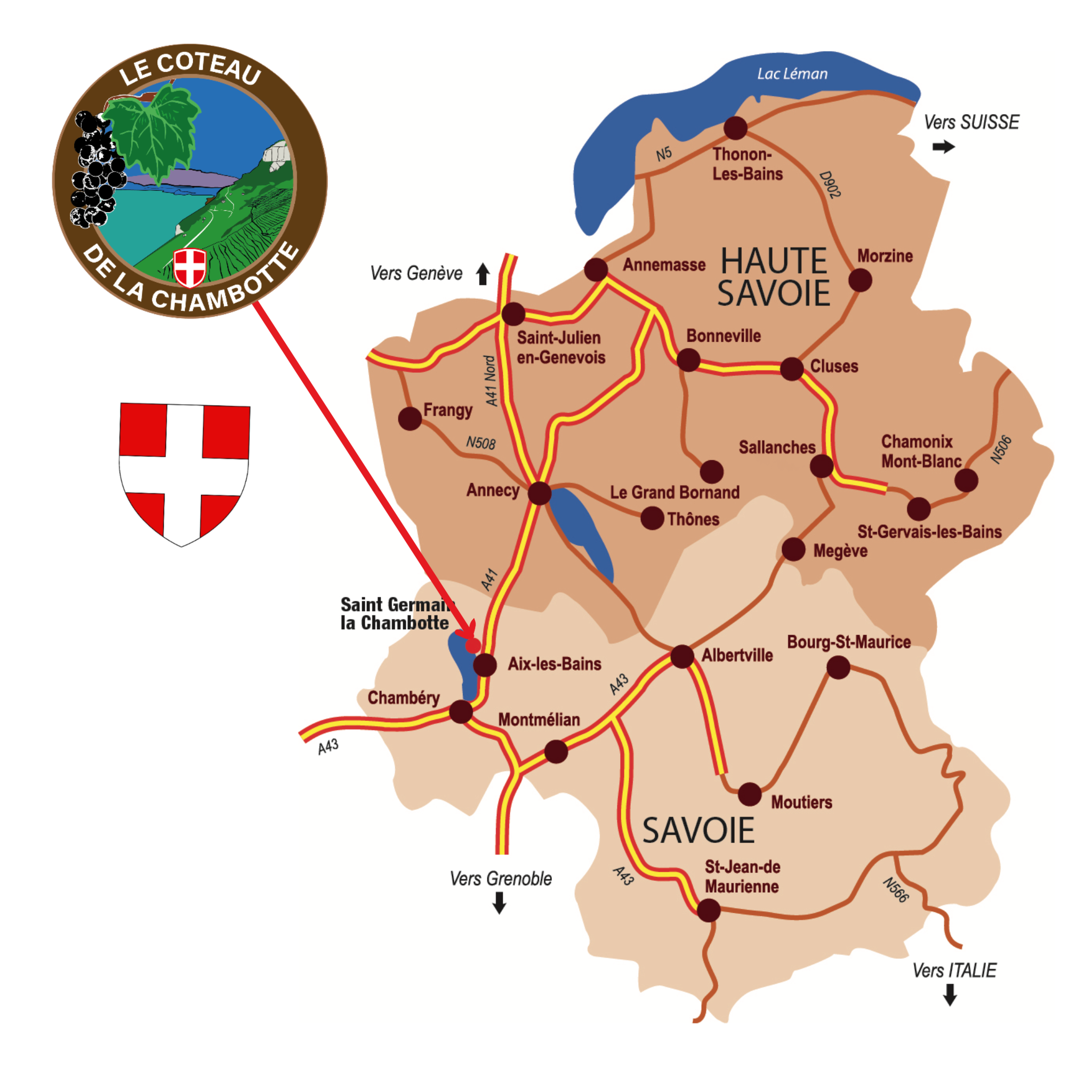 Carte de la région de la Haute-Savoie en France, montrant les principaux villes et routes, avec un logo de vin de la région de la Chamotte et une bannière avec le drapeau régional.