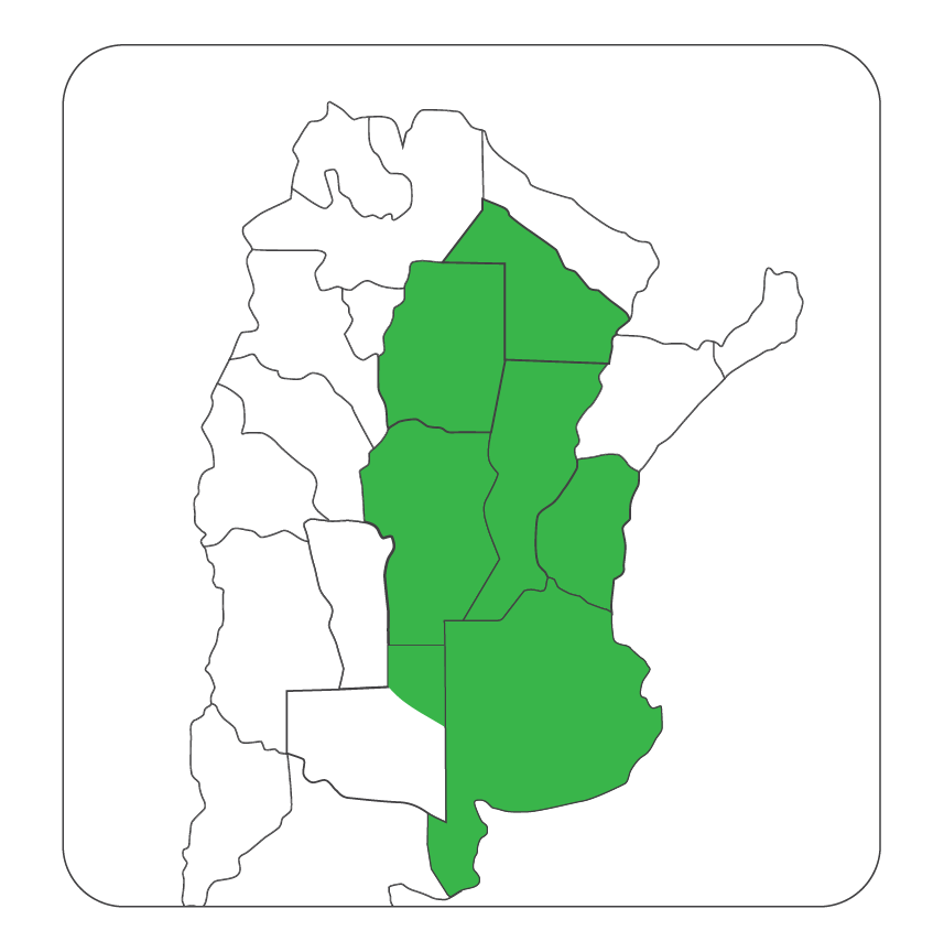 Mapa de Argentina con las provincias de Tucumán, Santiago del Estero, Córdoba, La Pampa, San Luis y Santa Fe resaltadas en verde.