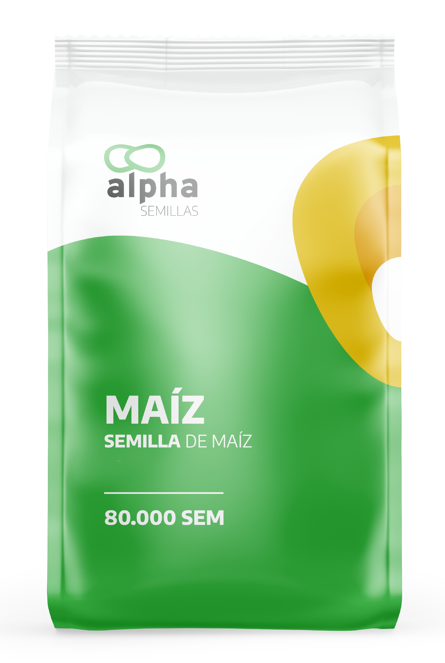 Paquete de semillas de maíz de Alpha Semillas, contenido de 80,000 semillas.