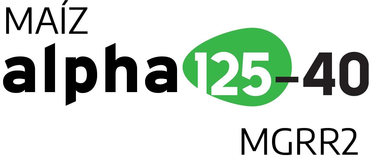 Texto que dice "MAÍZ alpha 125-40 MGRR2" con diseño en colores negro y verde.