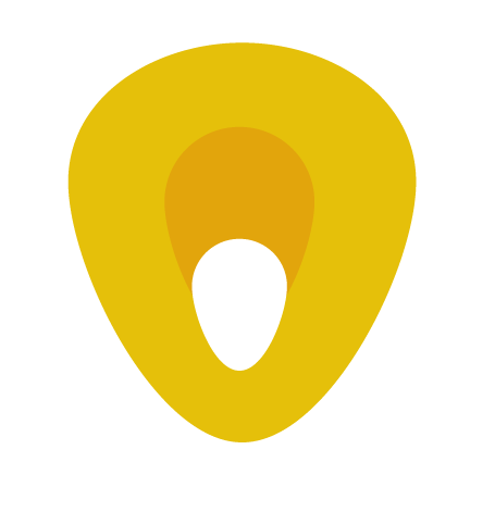 Logotipo abstracto en forma de gota amarilla con un centro blanco y naranja.