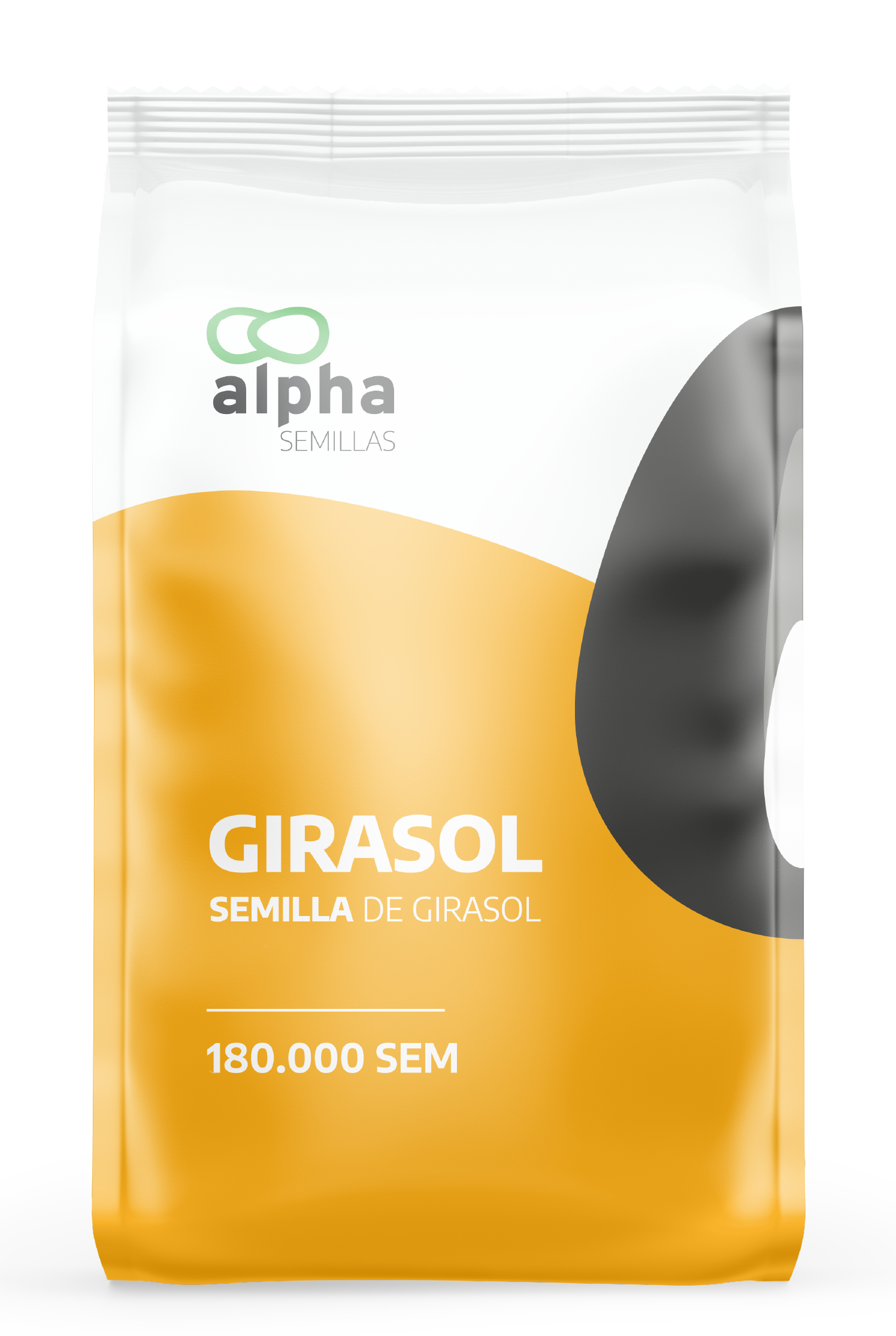 Empaque de semillas de girasol de la marca Alpha, con 180,000 semillas.