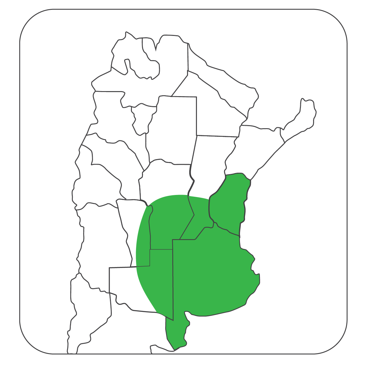 Mapa de Argentina con una zona verde destacada en el centro y este del país, abarcando varias provincias.