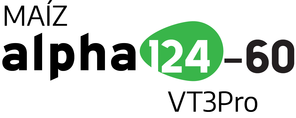 Logotipo con texto "MAÍZ alpha 124-60 VT3Pro" en fondo blanco, con un diseño de número en verde.