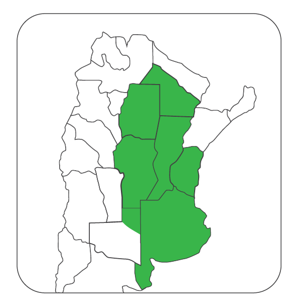 Mapa de Argentina mostrando las provincias de Córdoba, La Pampa, Santa Fe, San Luis y Entre Ríos en color verde.