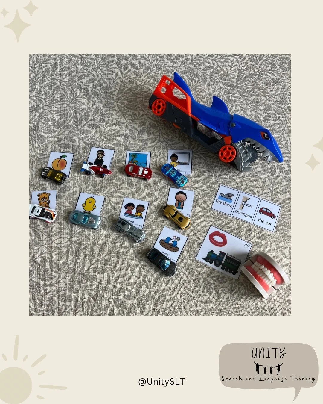 Hot Wheels themed sessions for @hotwheelsofficial obsessed little boys 🚗
We’ve been working on ‘l’ clusters and the ‘ch’ and ‘sh’ sounds.
🦈 Our chomping shark gave us lots of opportunities to produce &ls