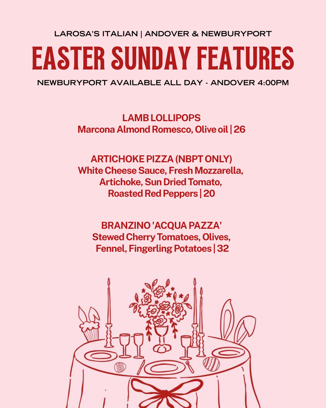 Easter Sunday featured entrée at LaRosa’s, beautifully plated with fresh spring ingredients