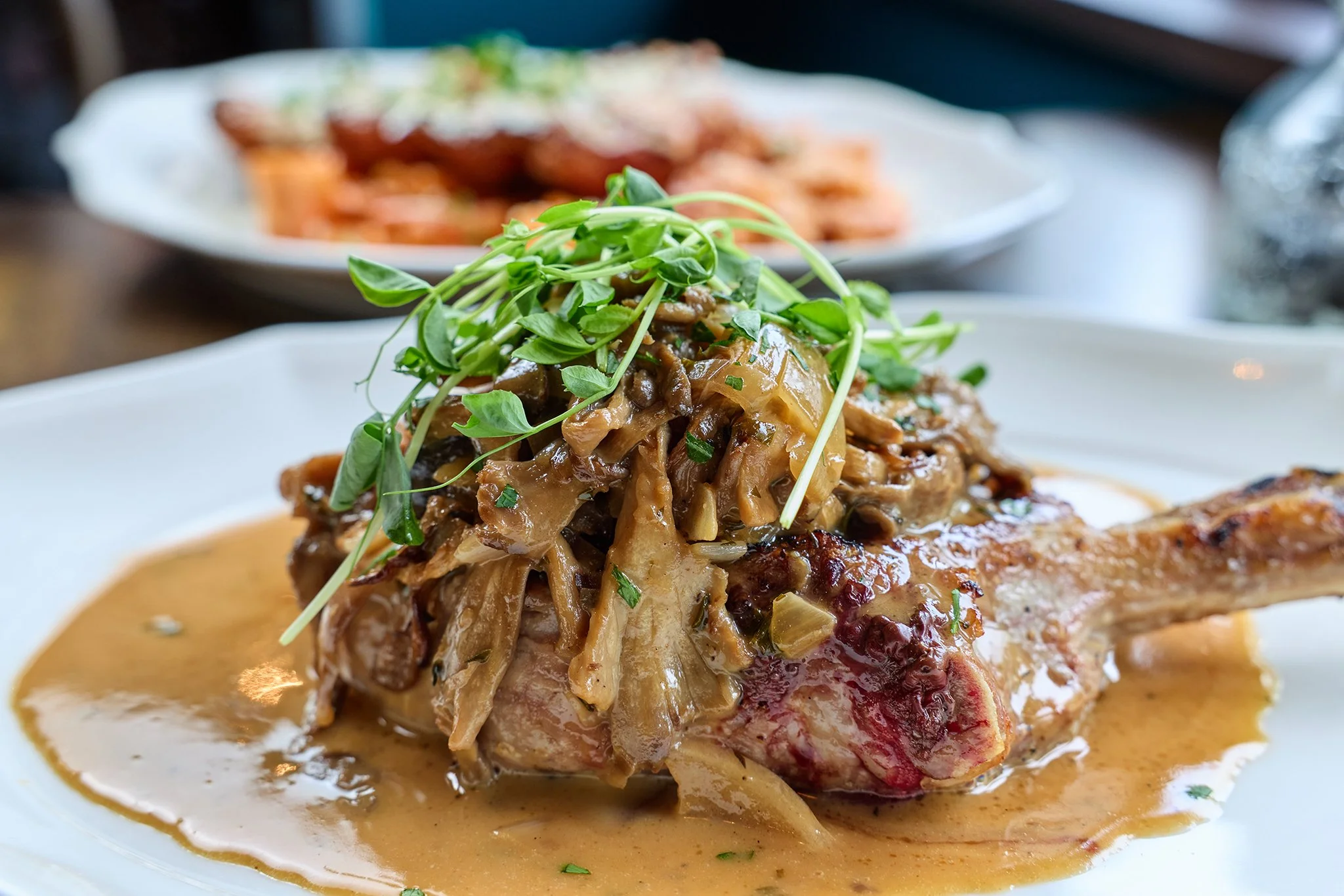 Seared veal chop with Joyberry Farms mushrooms and fresh herbs at LaRosa's Restaurant, Andover and Newburyport, Italian fine dining