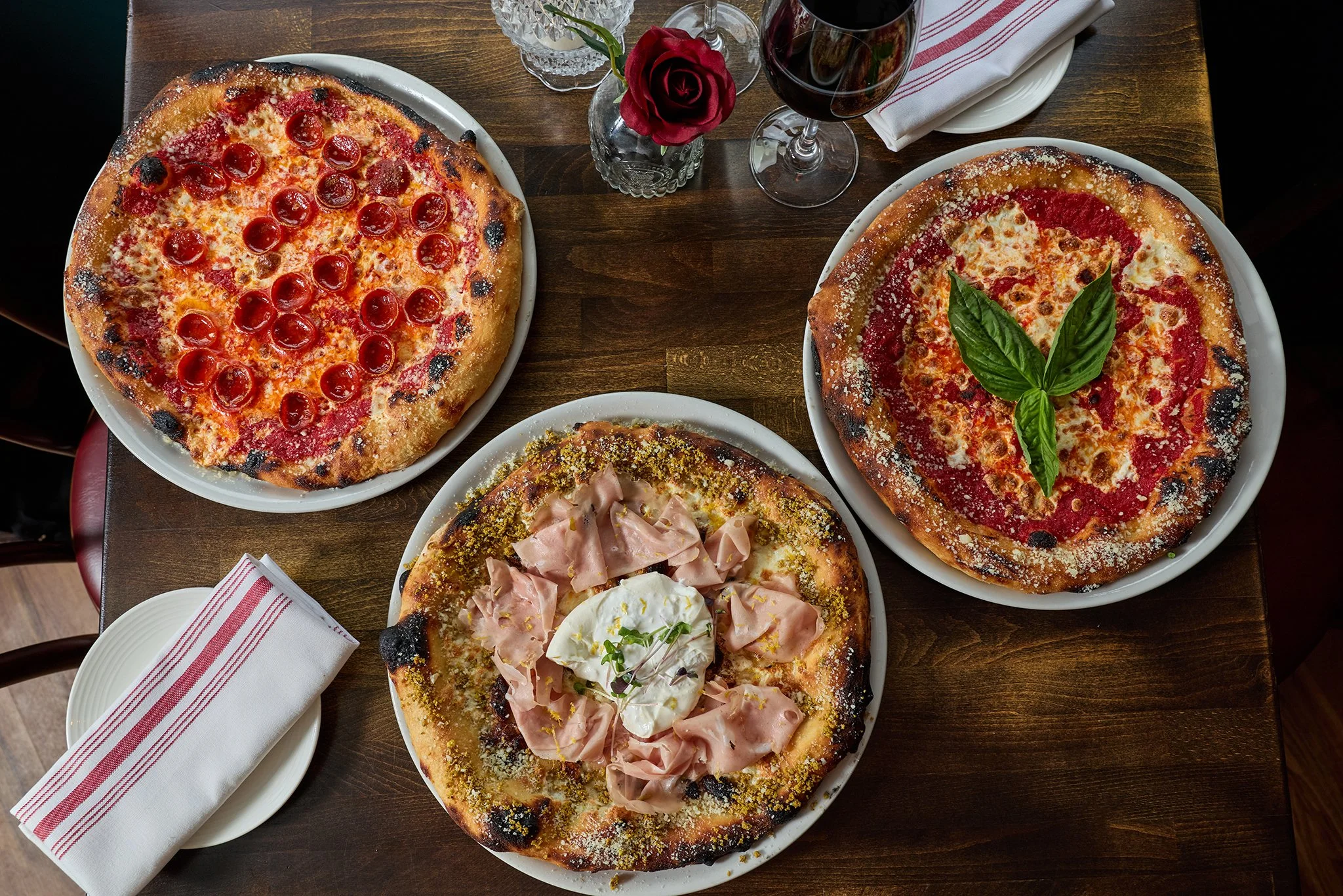 Neapolitan-style pizza selection including cheese, and pepperoni on fresh dough at LaRosa's Italian Newburyport"