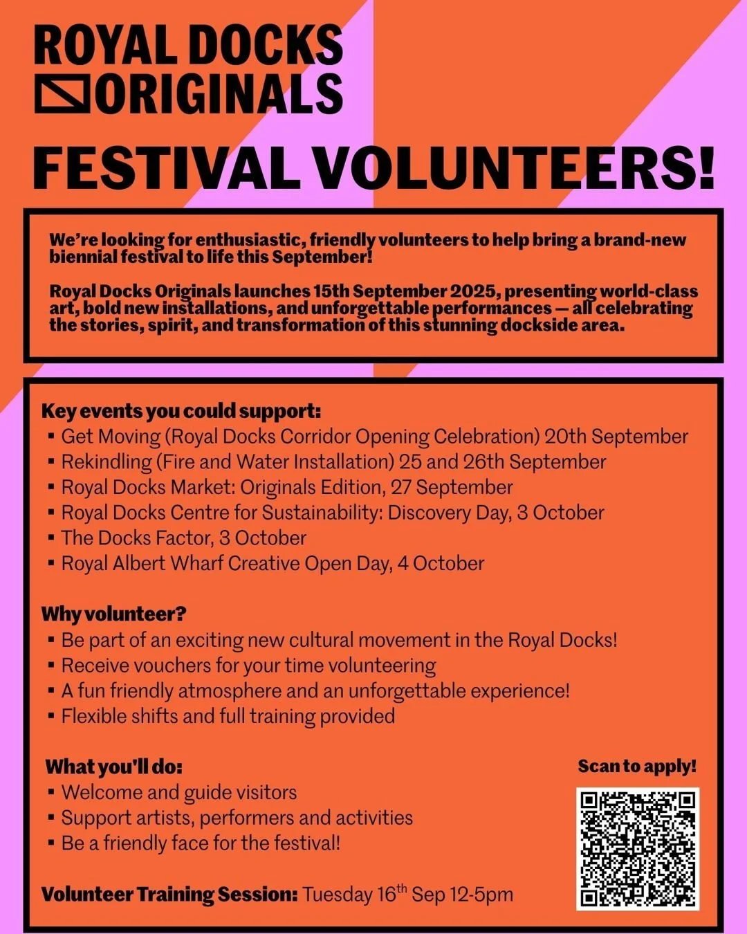 📣 Volunteers Needed for Royal Docks Originals 2025 📣 

Our friends at @yourroyaldocks are still on the look out for enthusiastic, friendly volunteers to help bring their brand-new biennial festival to life this September! 

Royal Docks Originals la