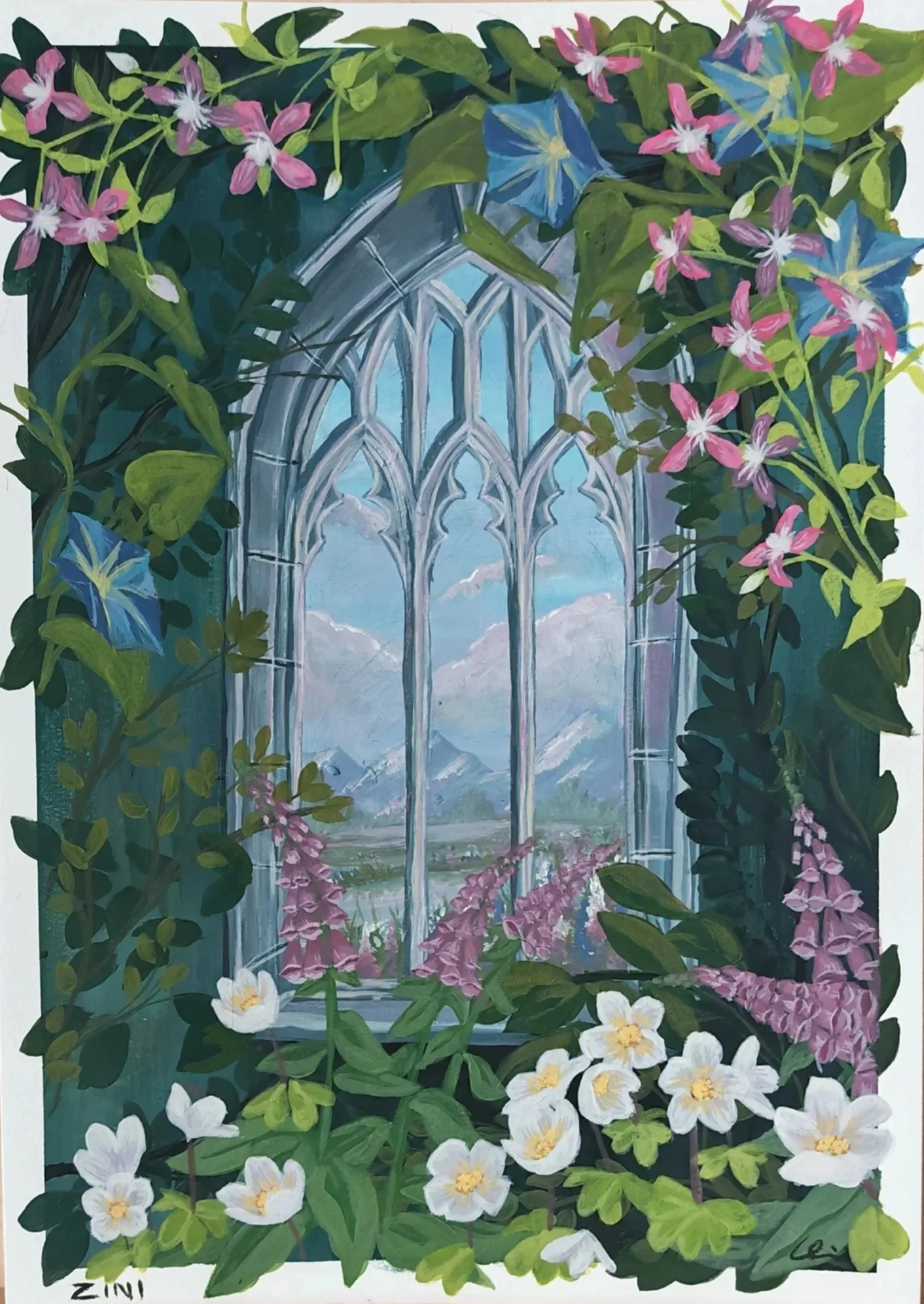 Enchanted Window- Gouche on A4 Mixed Media Board