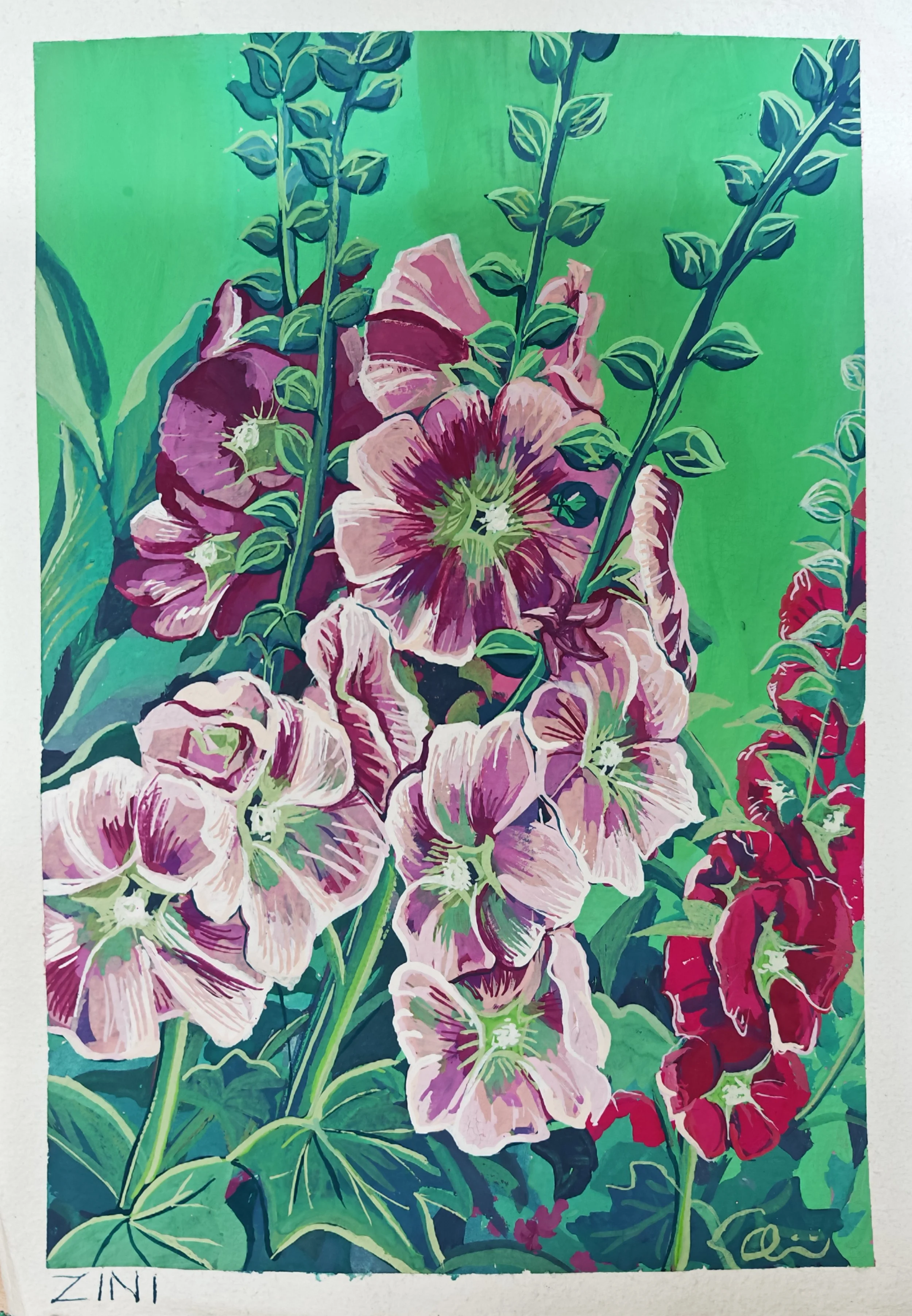 'Hollyhocks pt. 2'
Gouche on A5 handmade Paper
2026
