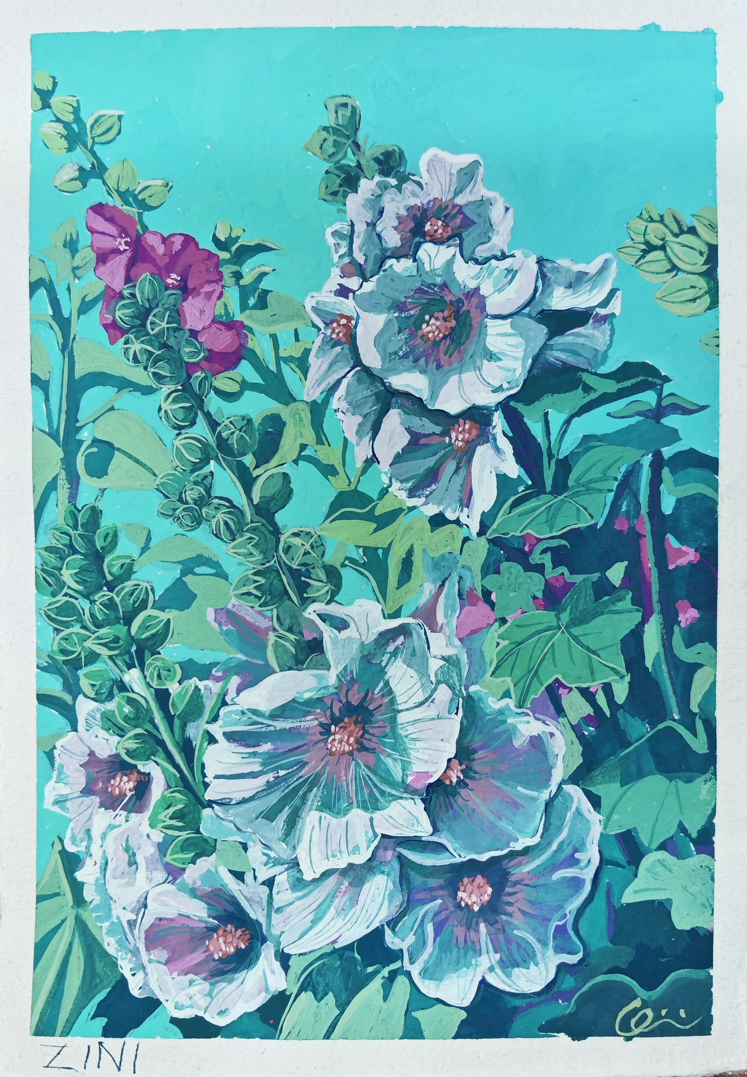 'Hollyhocks pt. 1'
Gouche on A5 handmade Paper
2026