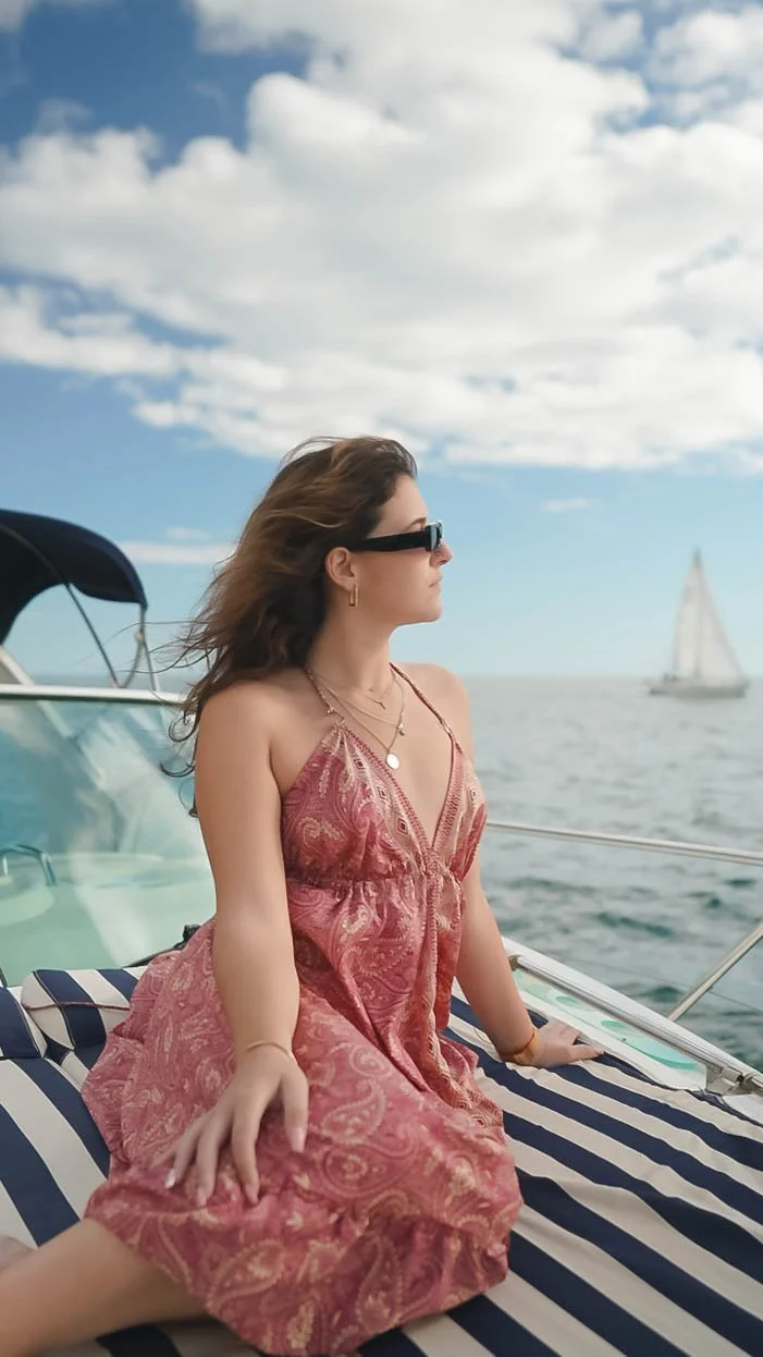 Woman in a red dress on deck, sailboat in the background
