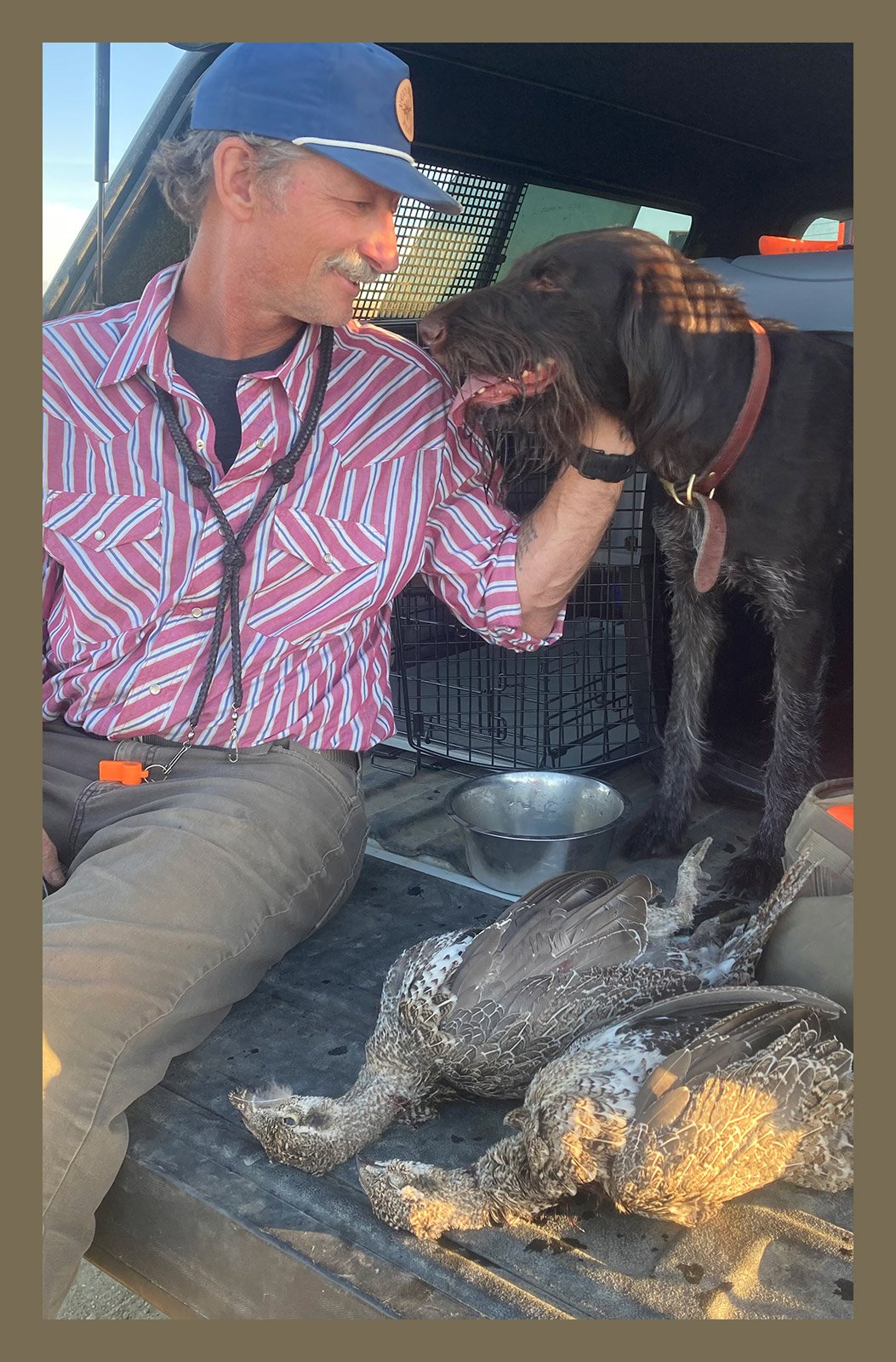 End of a hunt with a well trained hunting dog and some birds.