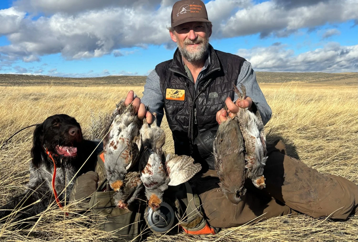A man kneeling in a grassy field holding several Chukar's in each hand, with a Drahthaar hunting dog sitting beside him. The man is wearing outdoor hunting gear and a cap, under a sky with scattered clouds.