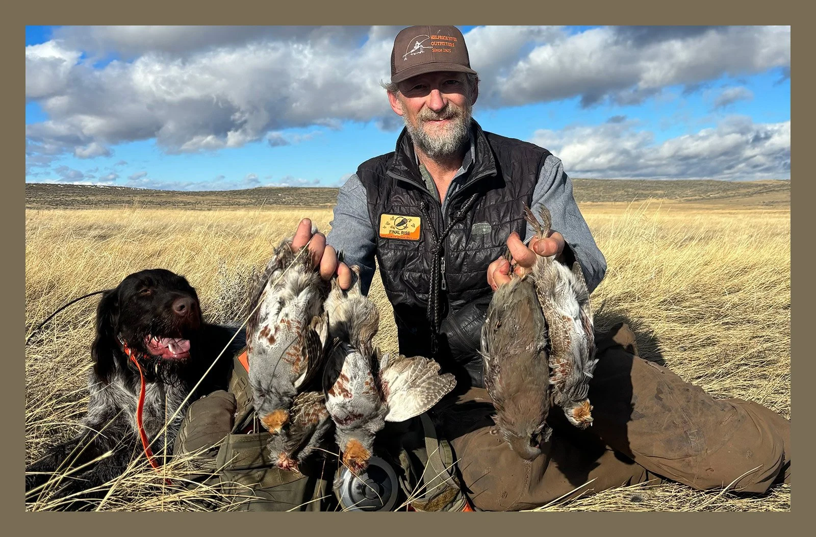 Hunter with game birds and dog in field