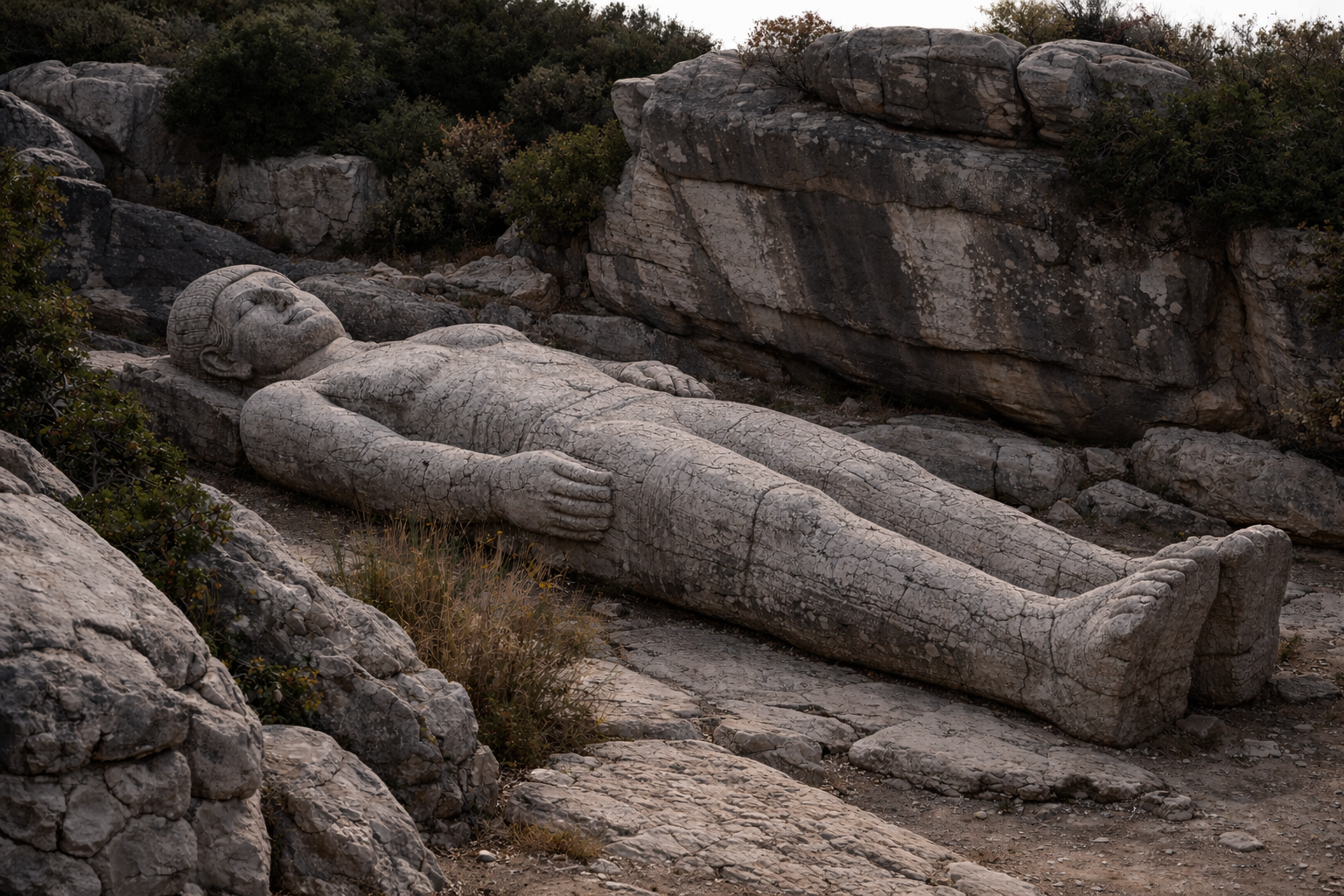 Ancient stone statue of a reclining figure, partially embedded in the ground, surrounded by rocky terrain and sparse vegetation.