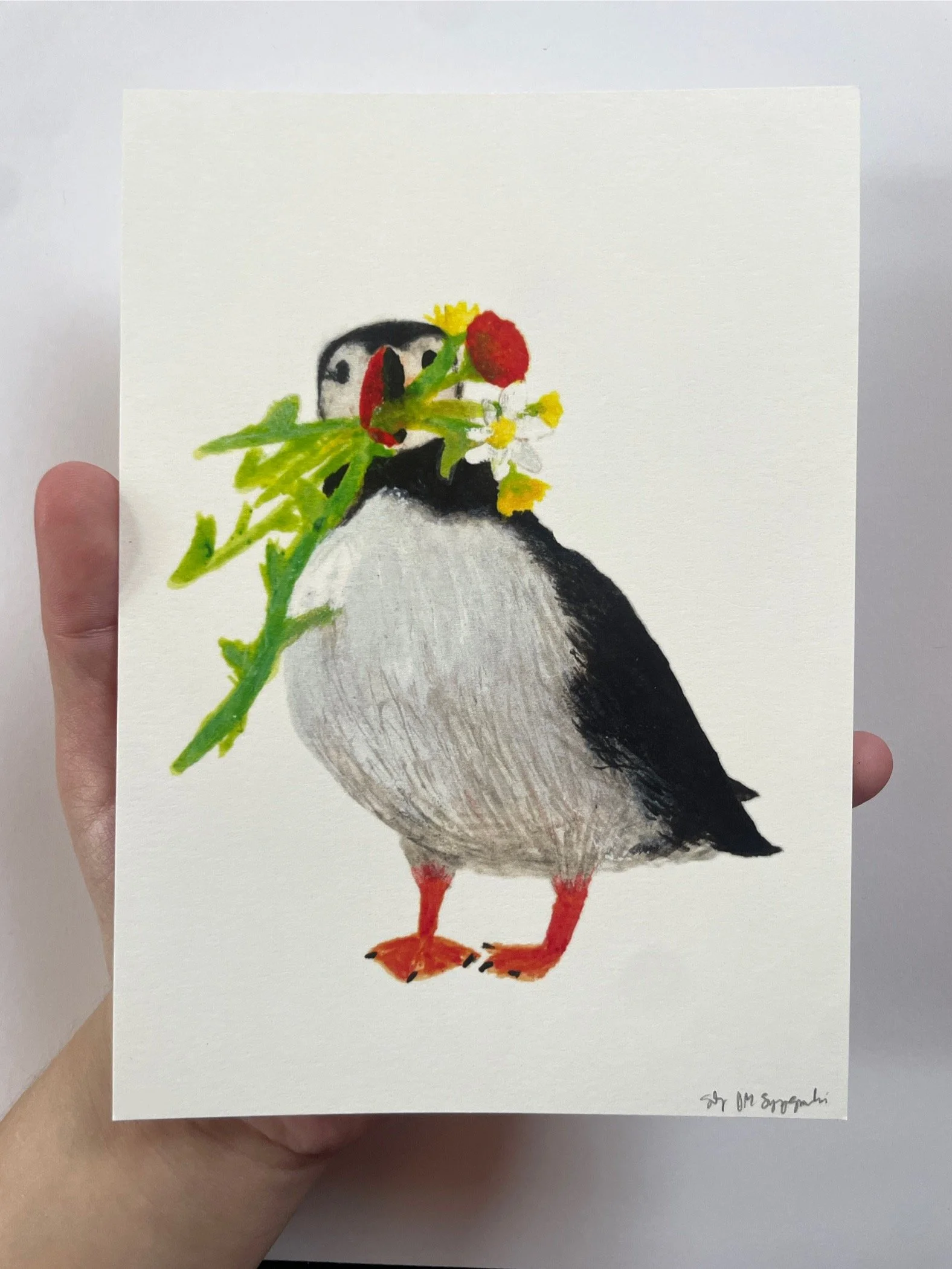 Puffin with Flowers Print (5"x7")