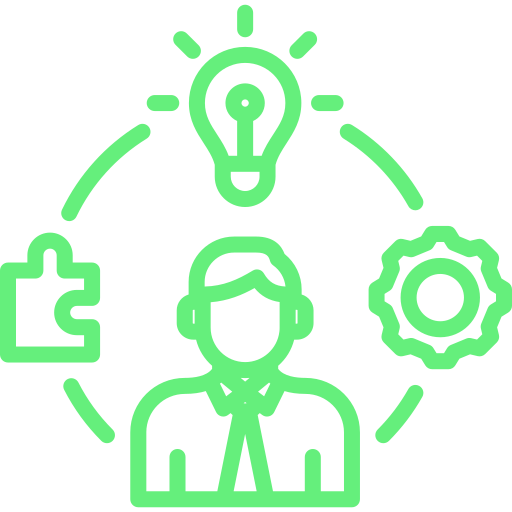 Line drawing of a person with a light bulb above their head, surrounded by gears, a puzzle piece, and a circular arrow, representing ideas, problem-solving, and innovation.