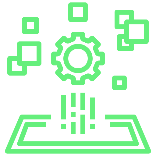 Illustration of a gear with digital blocks and lines, representing technology or digital transformation.