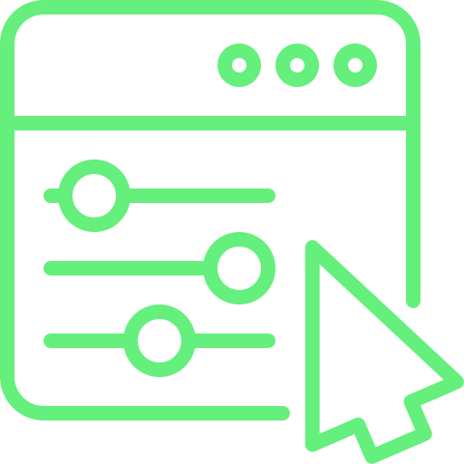 Icon of adjustable controls and a cursor arrow on a green background.