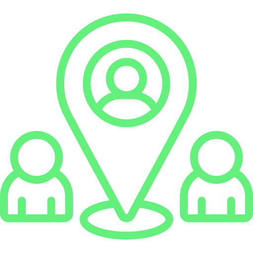 A neon green icon of three people with a location pin pointing to one person's profile, representing a user or contact in a network.