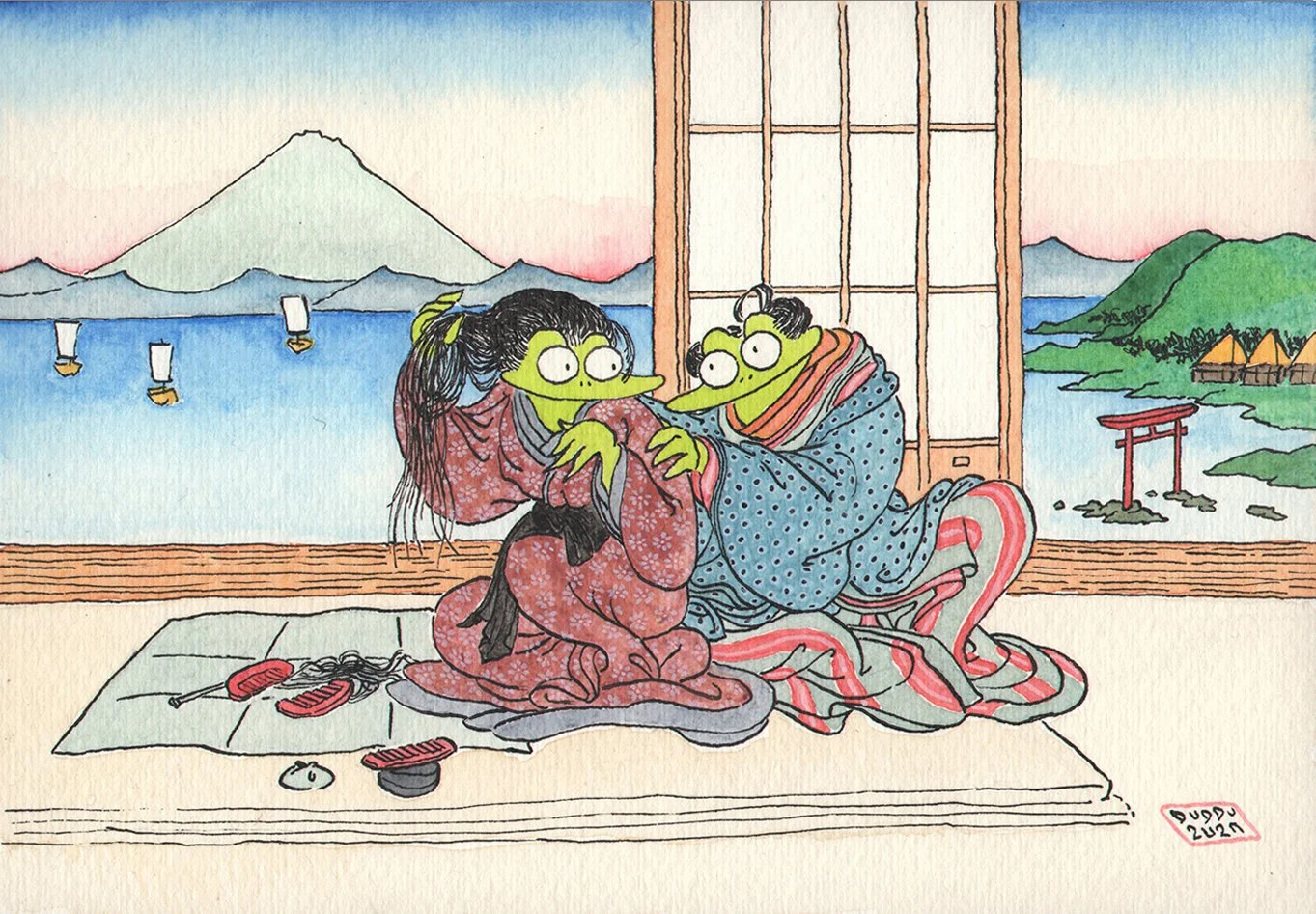 Couple with Fuji and red Torii