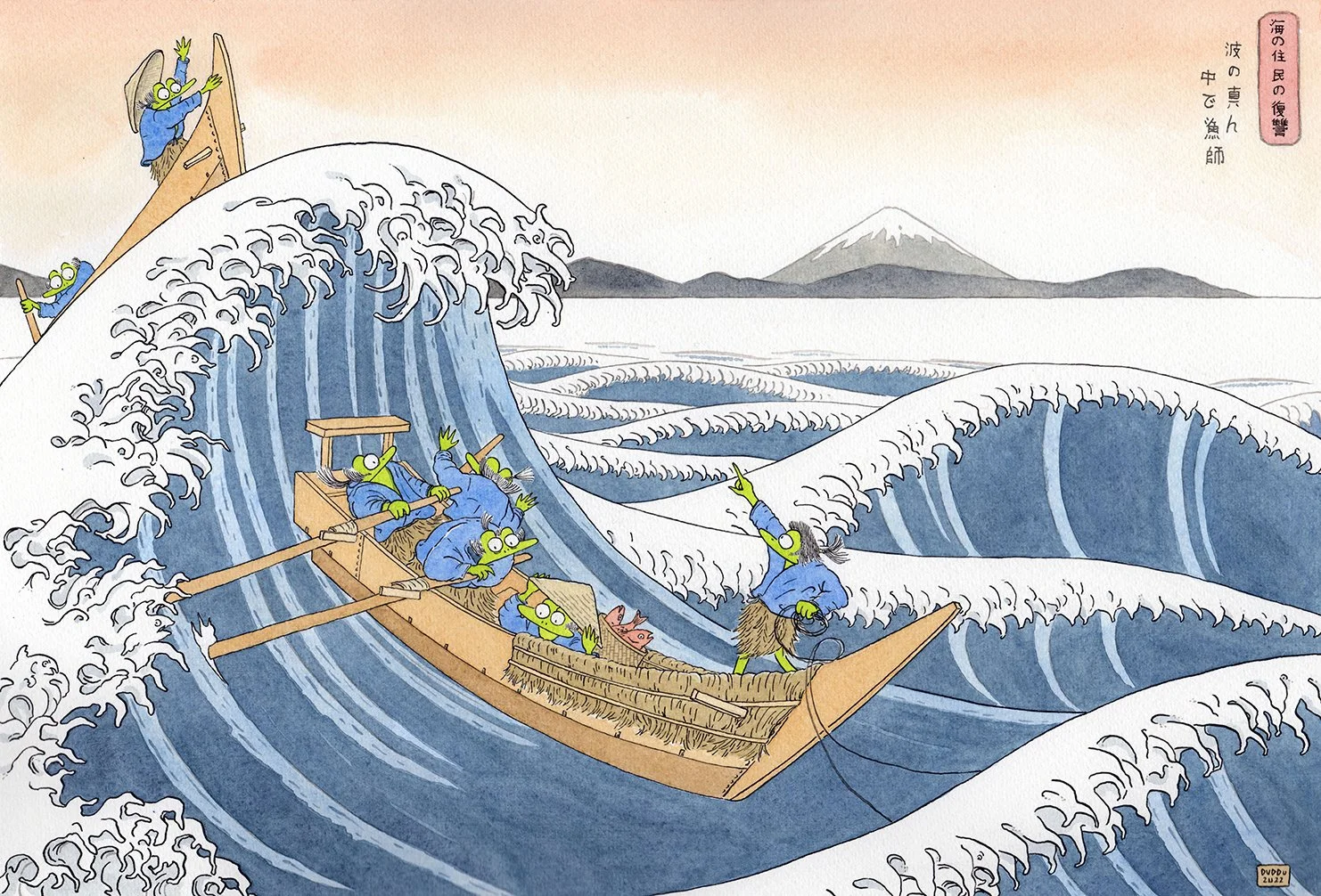 The frogs with an older version of wave by Hokusai