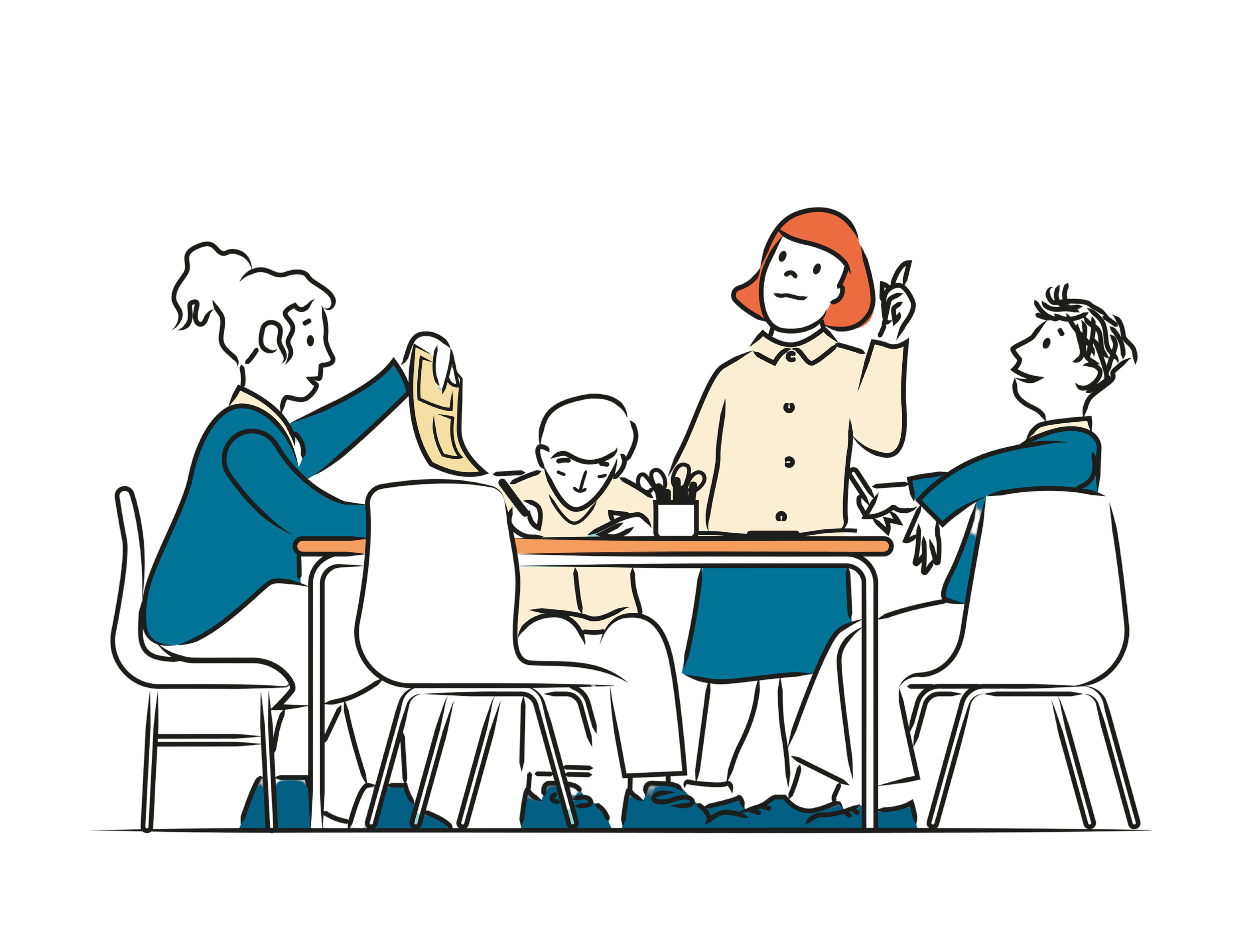 illustration of group of school children and teacher gathered around table working