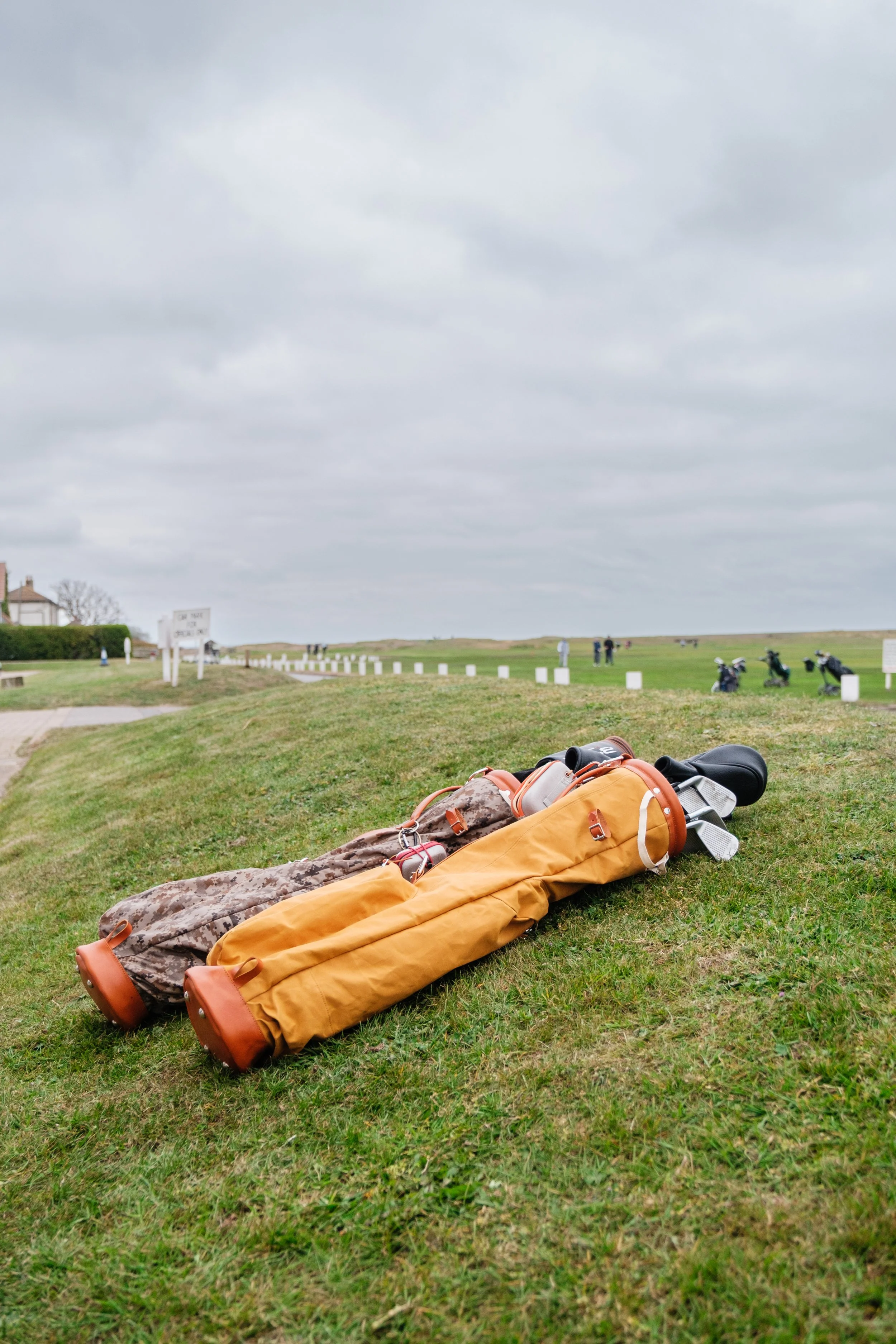 Two golf bags with clubs lying on grass near a golf course under cloudy sky.