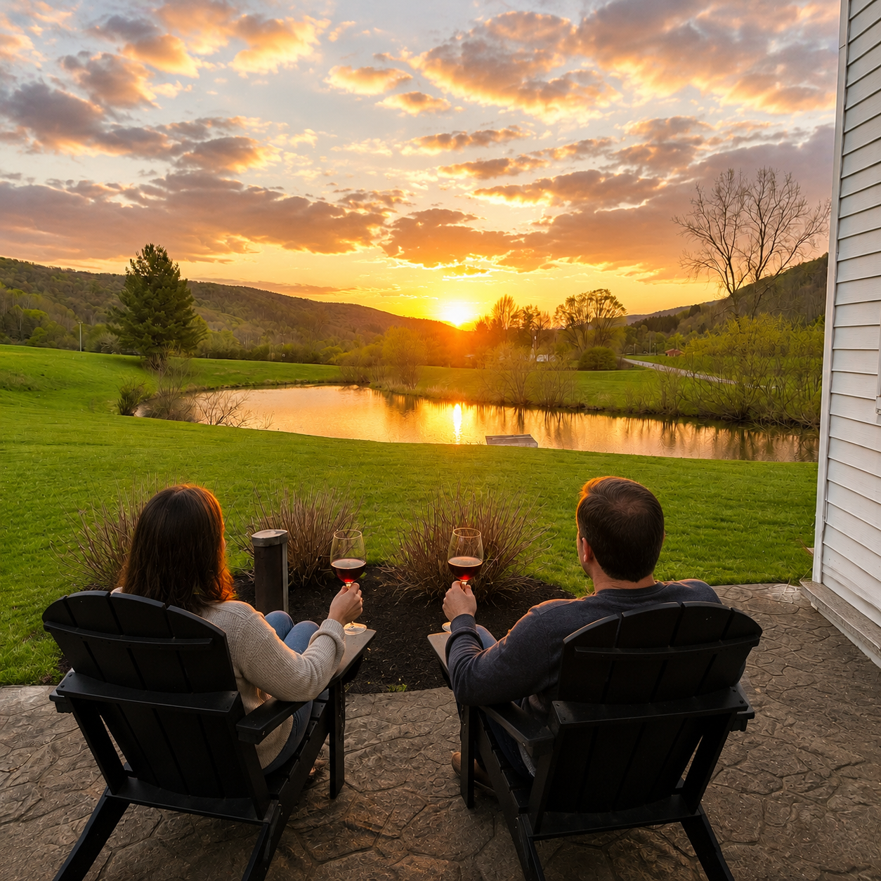 Ghour settles gently over Ellicottville as the last ripples on the pond catch the fading light. A half-finished glass of wine rests nearby, reflecting soft shades of amber and rose from the sunset. The air is warm but cooling just enough to feel refr