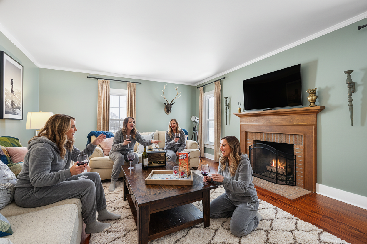 Girlfriend Vacation, Drinking Wine, Cozy, Living Room