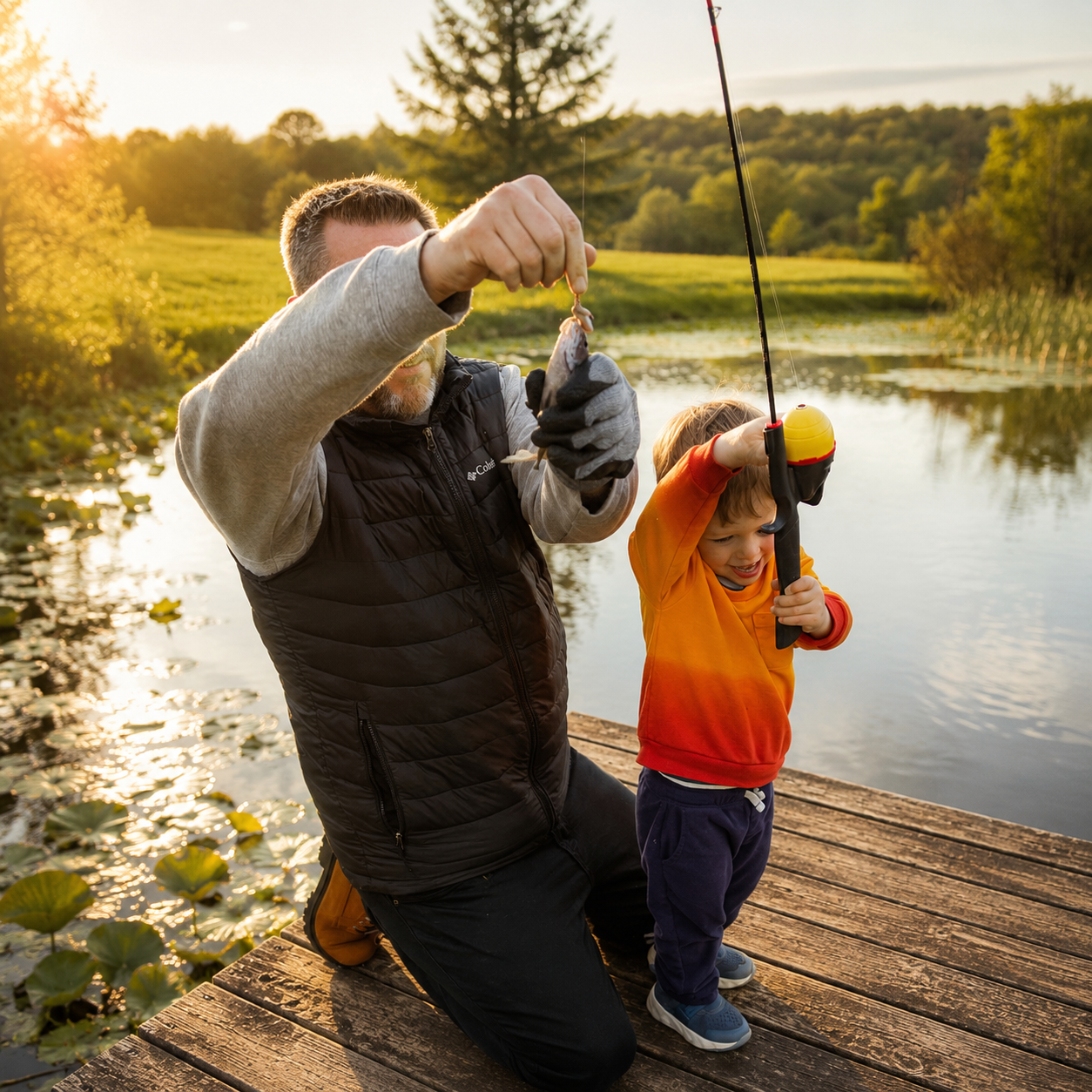 Ellicottville Family getaway 2 year boy catching his first fish with dad