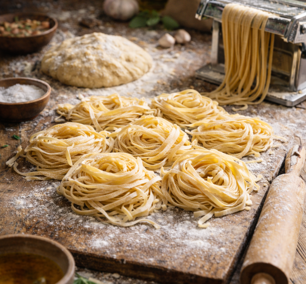 Tagliatelle fatte a mano pronte per essere cucinate, con attrezzature per pasta e ingredienti sul tavolo